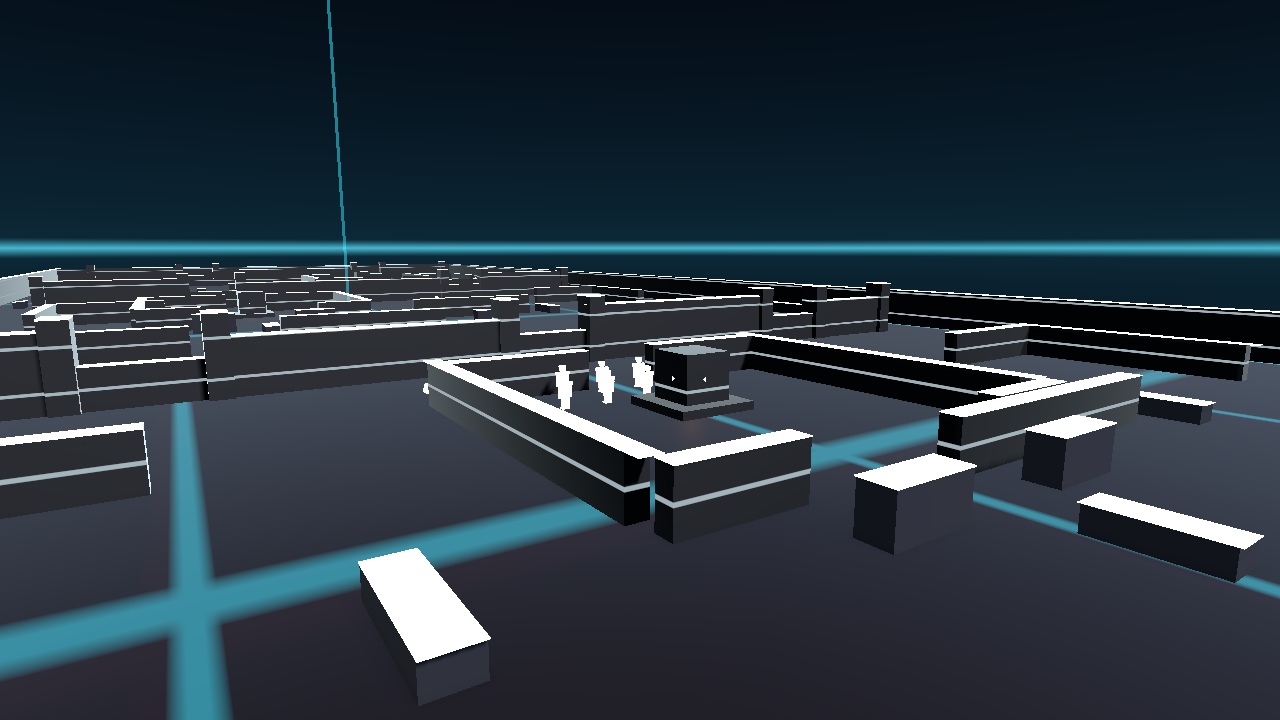 Low-angle view of ARENA architecture against a cyan grid horizon
