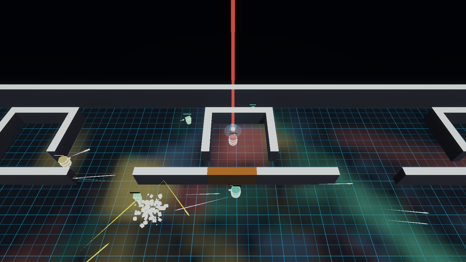 Top-down view of ARENA combat with tracer fire and explosions